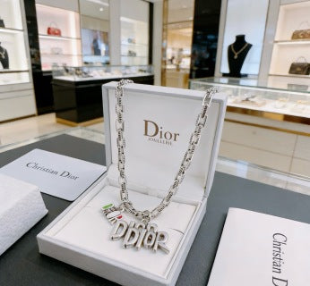 Dior Evelyne Silver Letter Logo Chain Necklace