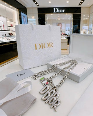 Dior Evelyne Silver Letter Logo Chain Necklace