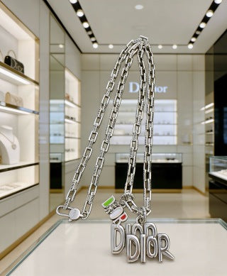 Dior Evelyne Silver Letter Logo Chain Necklace