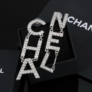 Chanel Crystal Letter Statement Drop Earrings