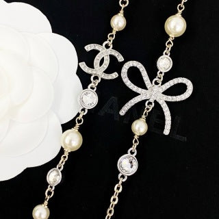 Chanel Elegant Ribbon Pearl Charm Necklace