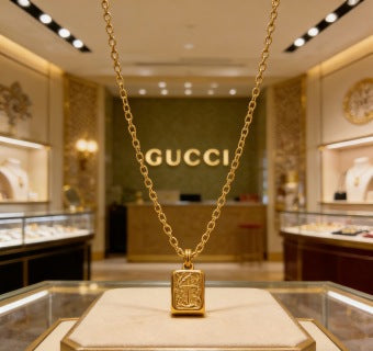 Gucci Engraved Rectangular Medallion Pendant Necklace