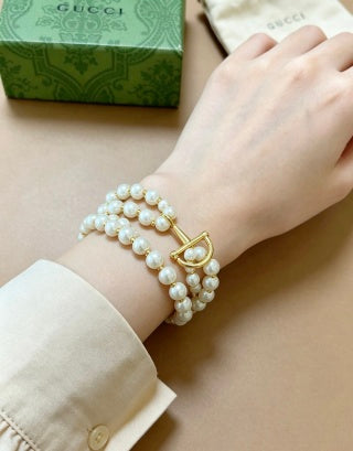 Gucci Pearl Strand Horsebit Charm Bracelet