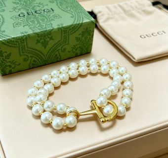 Gucci Pearl Strand Horsebit Charm Bracelet
