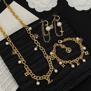 Louis Vuitton Pearl Chain Charm Hoop Stud Earrings