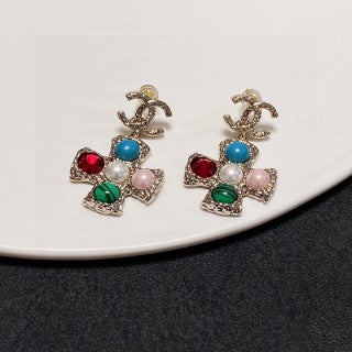 Chanel Jewel-Tone Cross Charm Drop Earrings