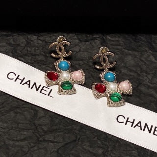 Chanel Jewel-Tone Cross Charm Drop Earrings