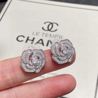 Chanel Floral Pavé Signature CC Stud Earrings