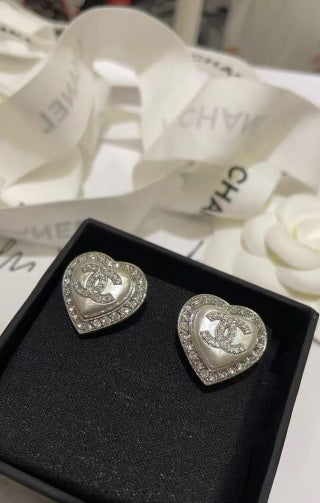 Chanel Crystal Heart Signature Stud Earrings