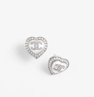 Chanel Crystal Heart Signature Stud Earrings