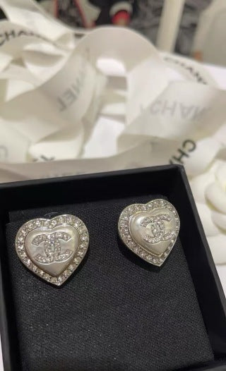 Chanel Crystal Heart Signature Stud Earrings