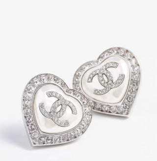 Chanel Crystal Heart Signature Stud Earrings