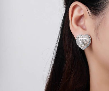 Chanel Crystal Heart Signature Stud Earrings