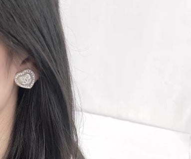 Chanel Crystal Heart Signature Stud Earrings