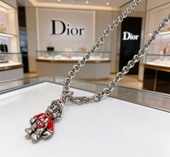 Dior Evelyne Silver Teddy Bear Charm Chain Necklace