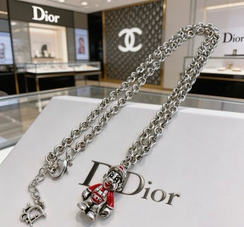 Dior Evelyne Silver Teddy Bear Charm Chain Necklace