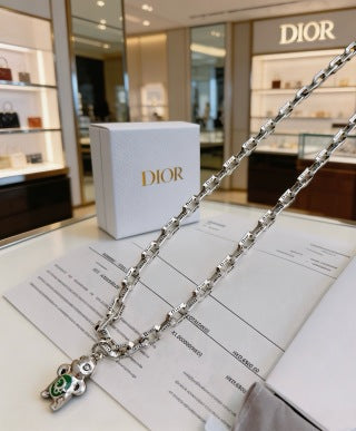 Dior Evelyne Silver CD Link Green Crystal Pendant Necklace