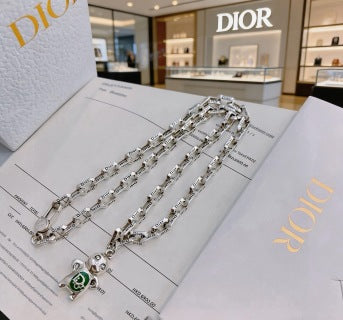 Dior Evelyne Silver CD Link Green Crystal Pendant Necklace