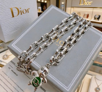 Dior Evelyne Silver CD Link Green Crystal Pendant Necklace