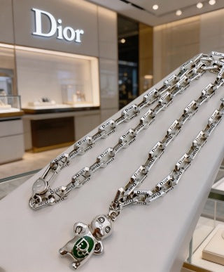 Dior Evelyne Silver CD Link Green Crystal Pendant Necklace