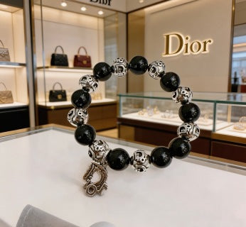 Dior Evelyne Obsidian Black Bead CD Charm Bracelet