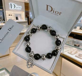 Dior Evelyne Obsidian Black Bead CD Charm Bracelet