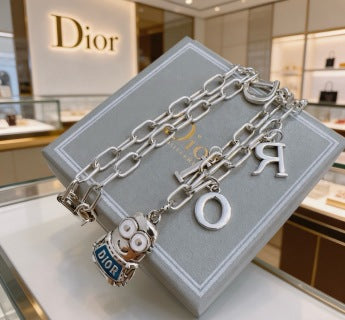 Dior Evelyne Silver CD Lock Charm Chain Necklace