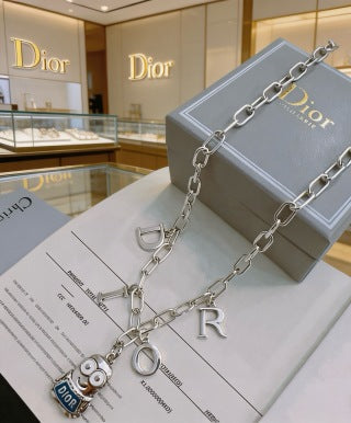 Dior Evelyne Silver CD Lock Charm Chain Necklace