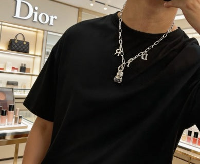 Dior Evelyne Silver CD Lock Charm Chain Necklace