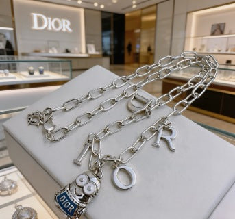 Dior Evelyne Silver CD Lock Charm Chain Necklace
