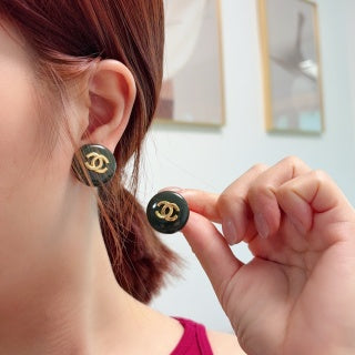 Chanel Emerald Enamel Signature CC Stud Earrings