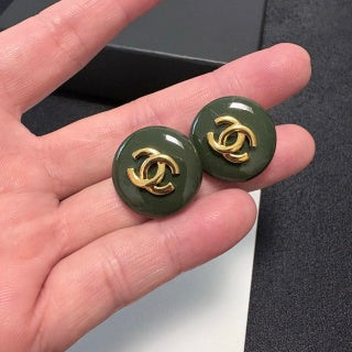 Chanel Emerald Enamel Signature CC Stud Earrings