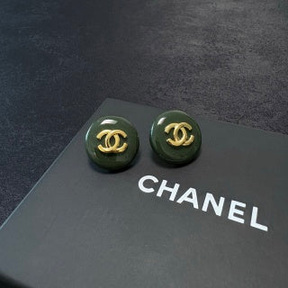 Chanel Emerald Enamel Signature CC Stud Earrings