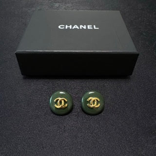 Chanel Emerald Enamel Signature CC Stud Earrings