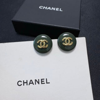 Chanel Emerald Enamel Signature CC Stud Earrings