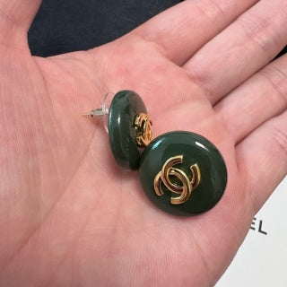 Chanel Emerald Enamel Signature CC Stud Earrings