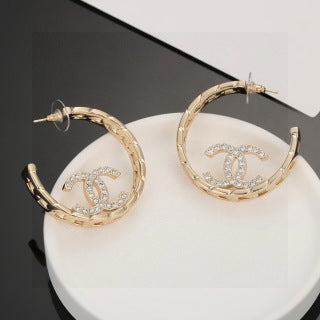 Chanel Elegant Crystal Double C Hoop Earrings