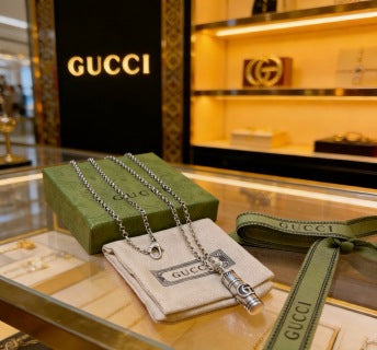 Gucci Engraved Cylinder Charm Chain Necklace