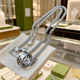 Gucci Engraved Horsebit Barrel Pendant Long Necklace
