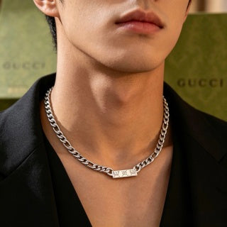 Gucci Engraved Logo Plate Cuban Chain Necklace