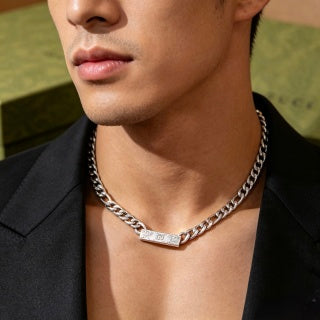 Gucci Engraved Logo Plate Cuban Chain Necklace