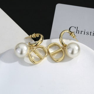 Dior Valentina Pearl CD Hoop Drop Stud Earrings
