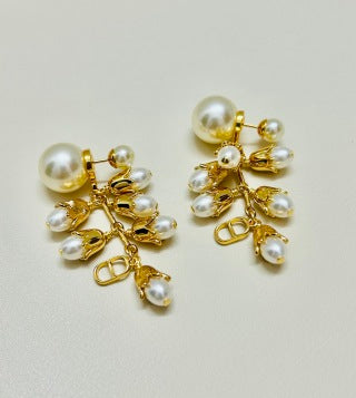 Dior Elara Pearl Blossom Tassel Drop Stud Earrings