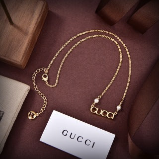 Gucci Logo Bar Pearl Accent Chain Necklace