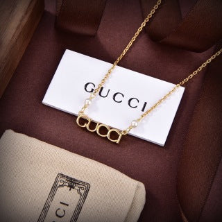 Gucci Logo Bar Pearl Accent Chain Necklace