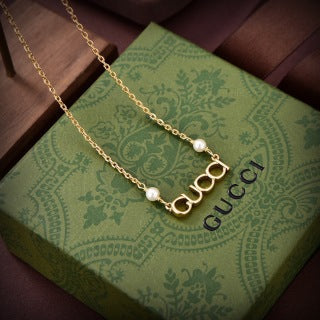 Gucci Logo Bar Pearl Accent Chain Necklace