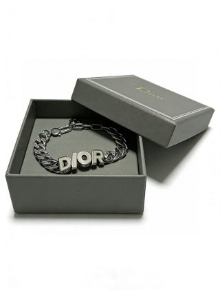 Dior Evelyne Silver Engraved Link Chain Bracelet