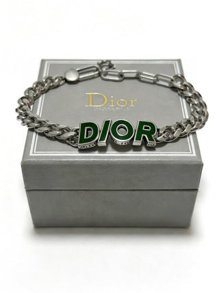 Dior Evelyne Green Enamel Letter Chain Bracelet