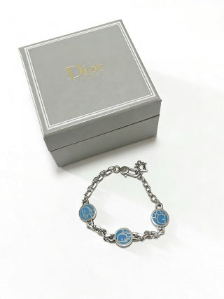 Dior Evelyne Blue Medallion Link Chain Bracelet