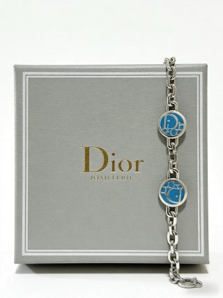 Dior Evelyne Blue Medallion Link Chain Bracelet